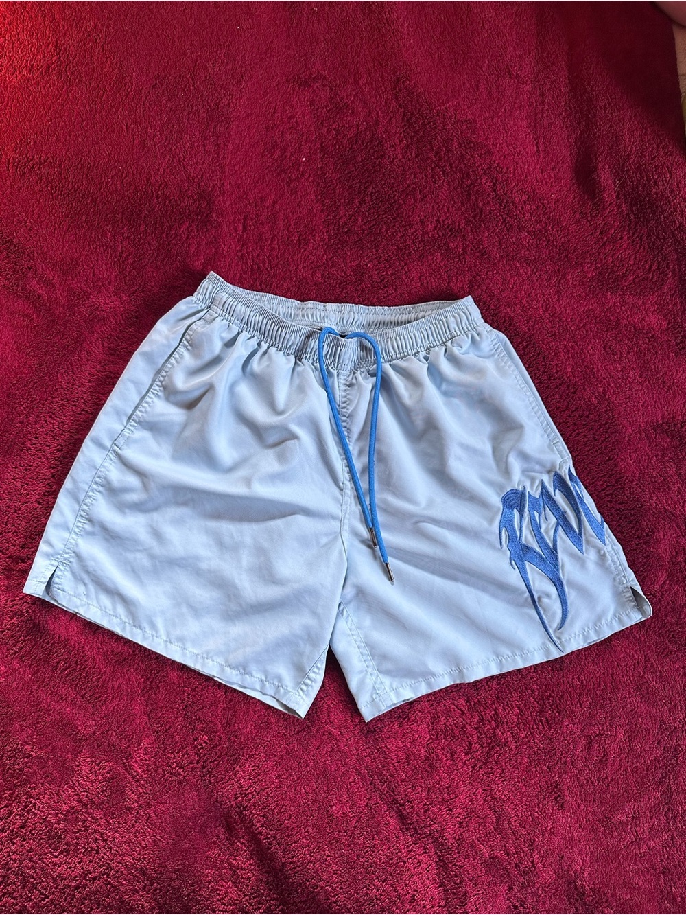 Revenge Clothing Light Blue Athletic Shorts with Blue Arch Logo Embroidery